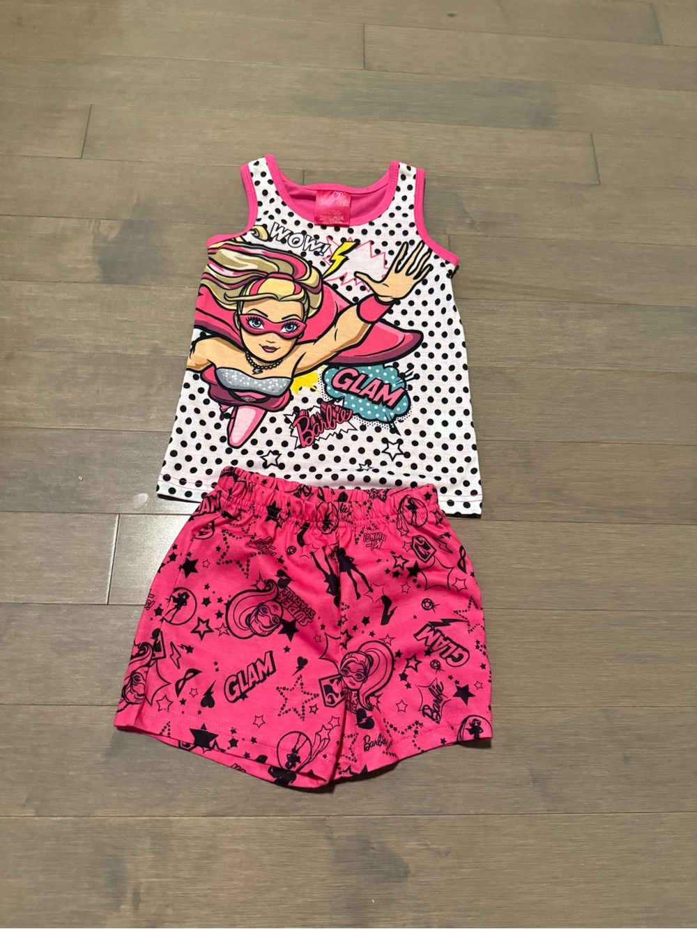 Barbie Pink & White Polka Dot Superhero Tank and Pink Graphic Shorts Pajama Set